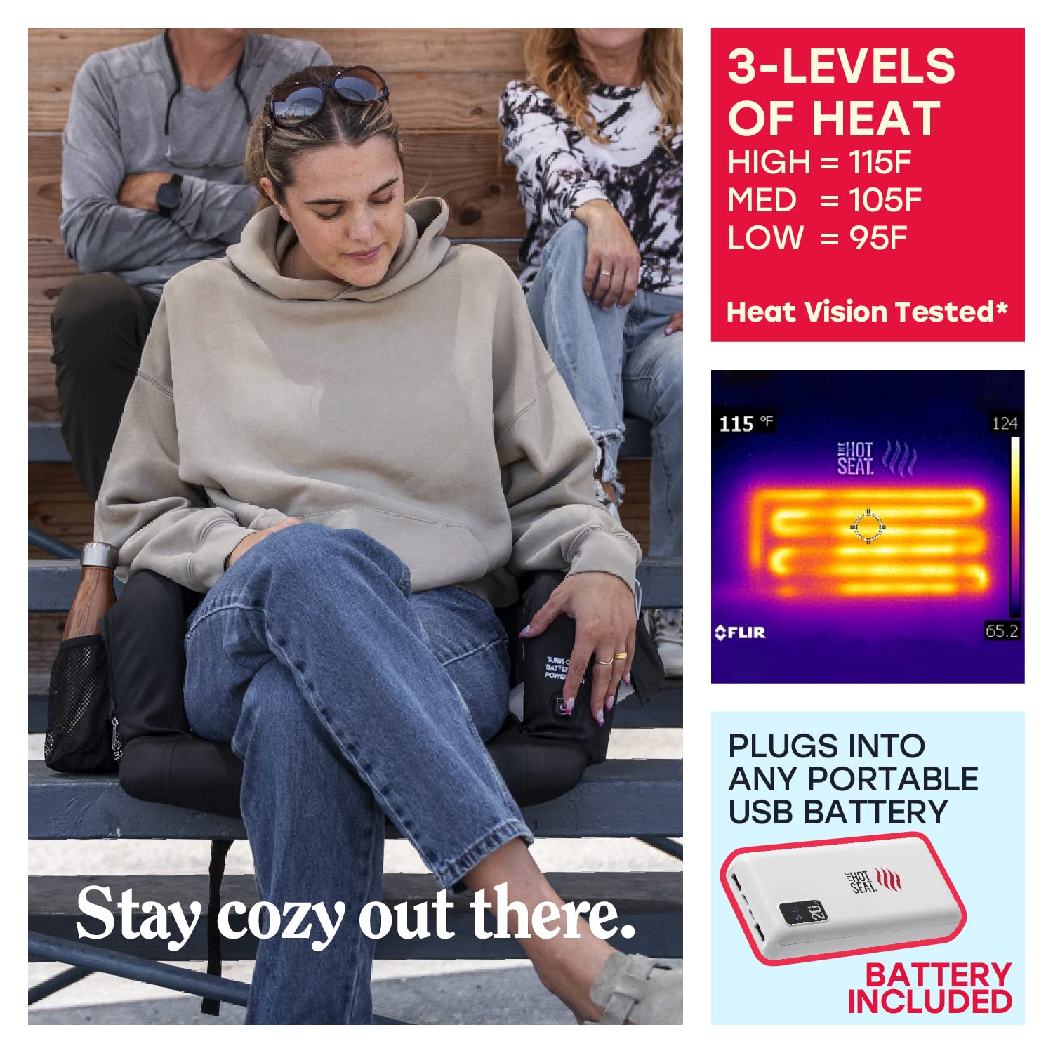 Pop The Original Hot Seat, Dual Heat Stadium Chair With Back Support, Heats Seat And Back, 3 Heat Levels, 5 Pockets, 6 Reclining