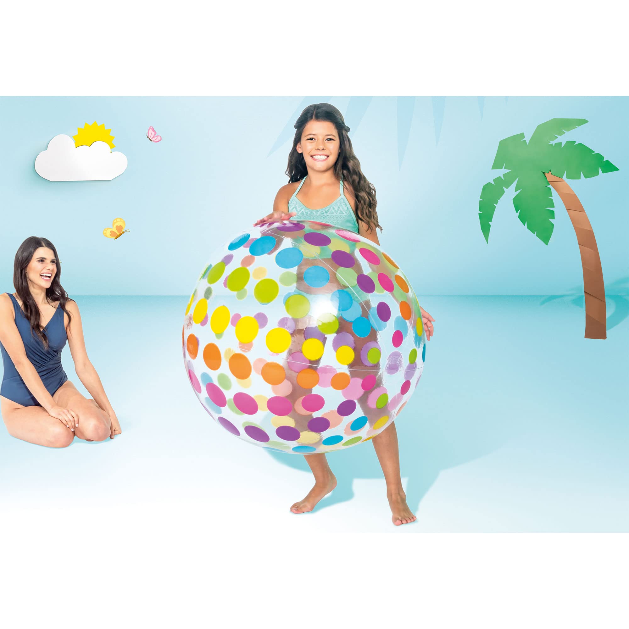 Intex Jumbo Inflatable Glossy Colorful Transparent Pvc Giant Beach Ball W/Repair Patch In Polka-Dot Or Rainbow Stripes For Ages