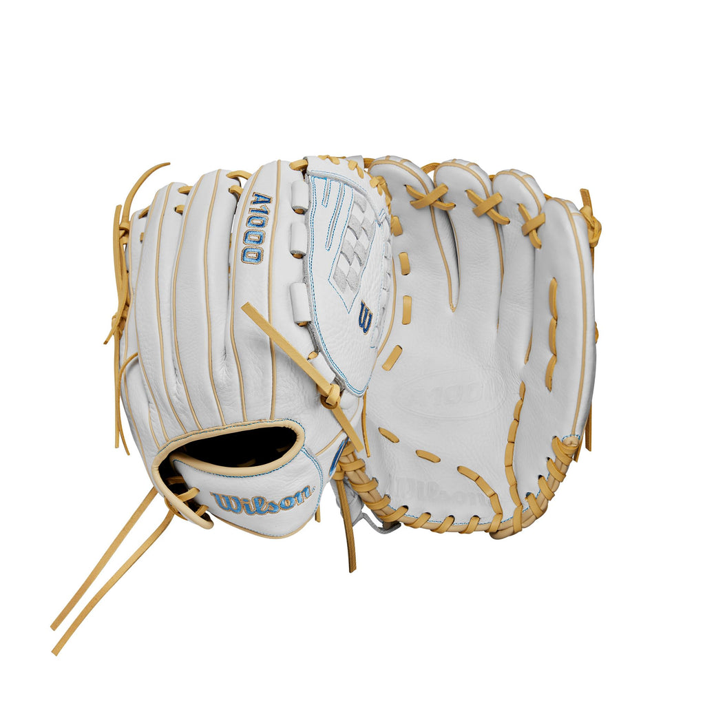 Wilson 2024 A1000 V125 12.5    Outfield Fastpitch Softball Glove - White/Blue/Blonde, Left Hand Throw