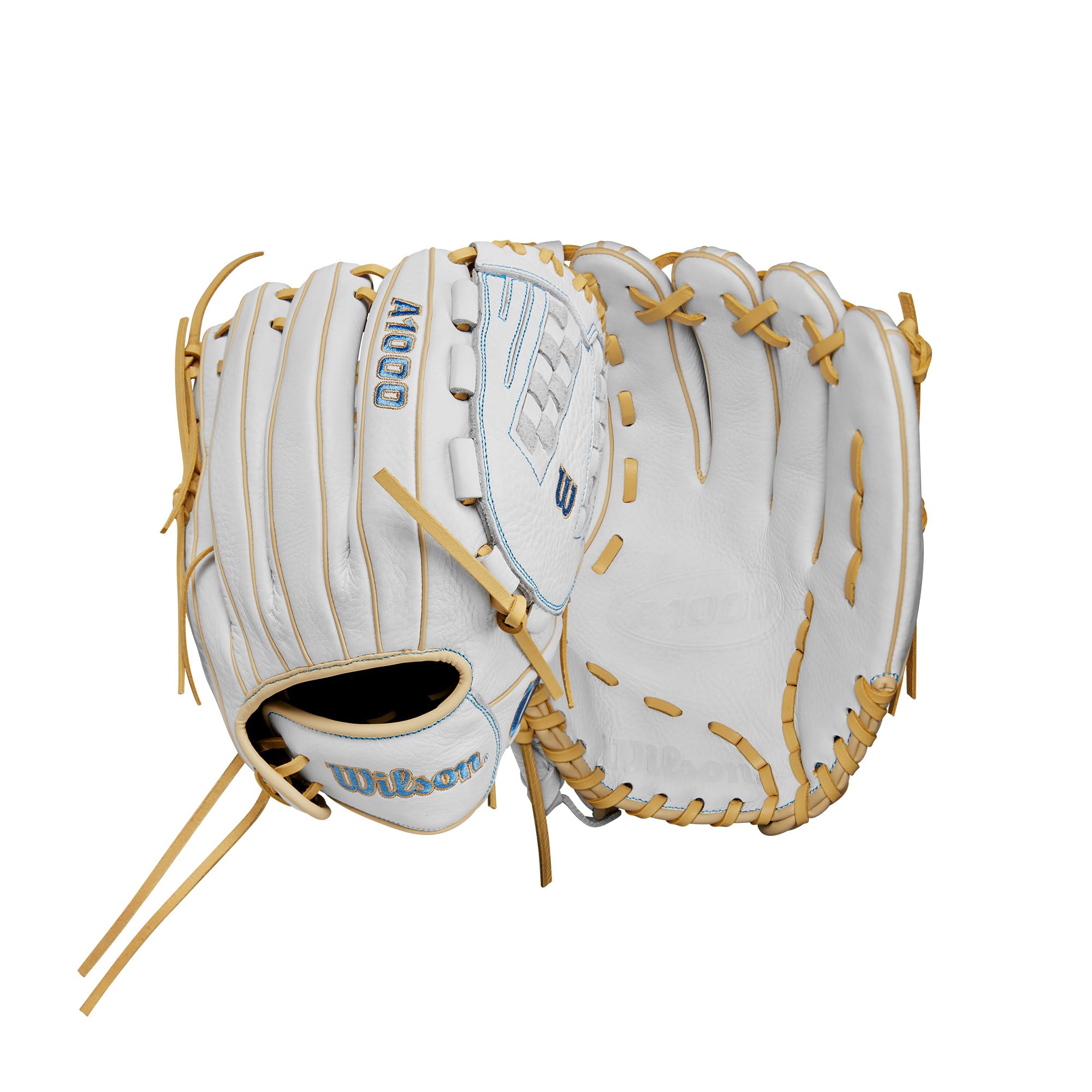 Wilson 2024 A1000 V125 12.5    Outfield Fastpitch Softball Glove - White/Blue/Blonde, Left Hand Throw