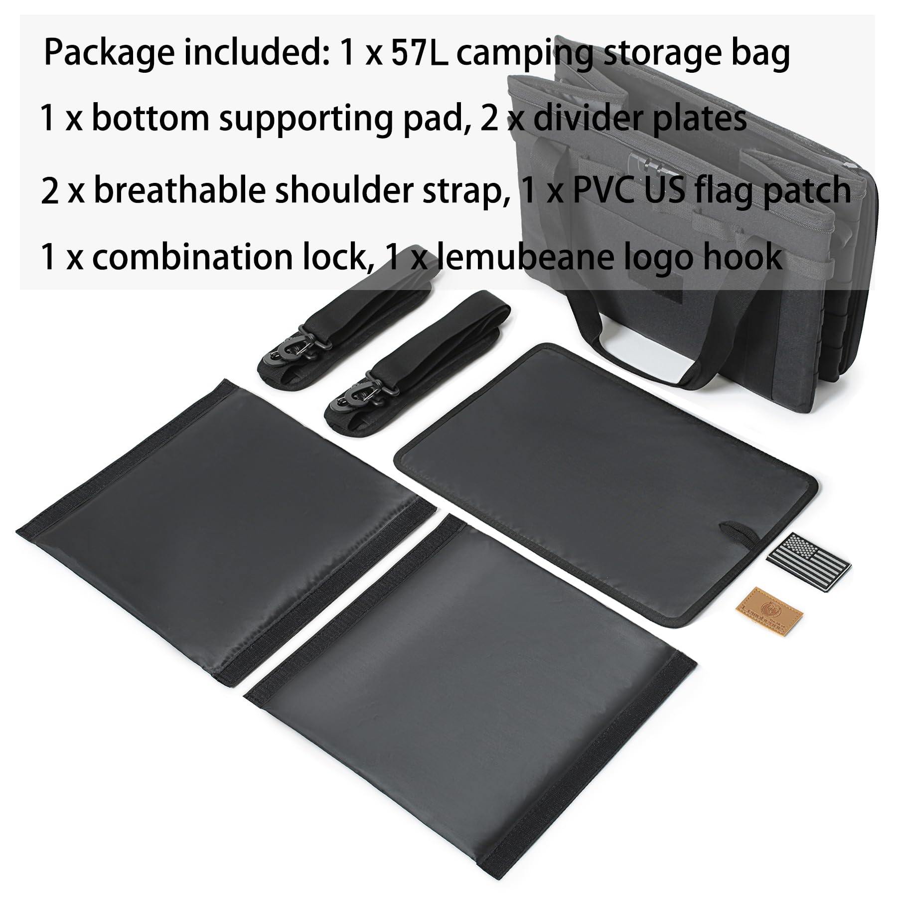 Lemubeane Tactical Camping Storage Bag - 57L Utility Tote Bag Organizer With Combination Lock And Shoulder Straps (Black, 57L)