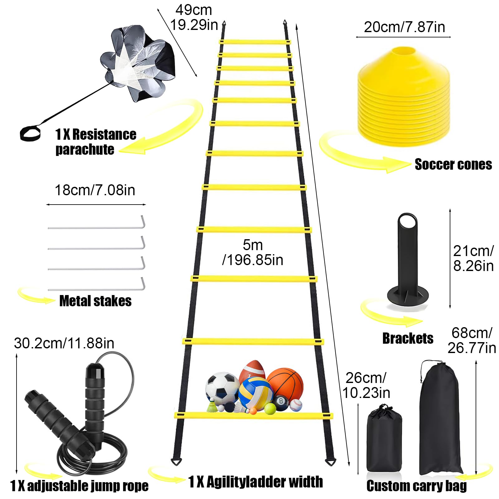 Agility Ladder,Speed Training Equipment Set,20Ft Rungs Speed Ladder,Soccer Cones,Jump Rope, Running Resistance Umbrella,Basketba
