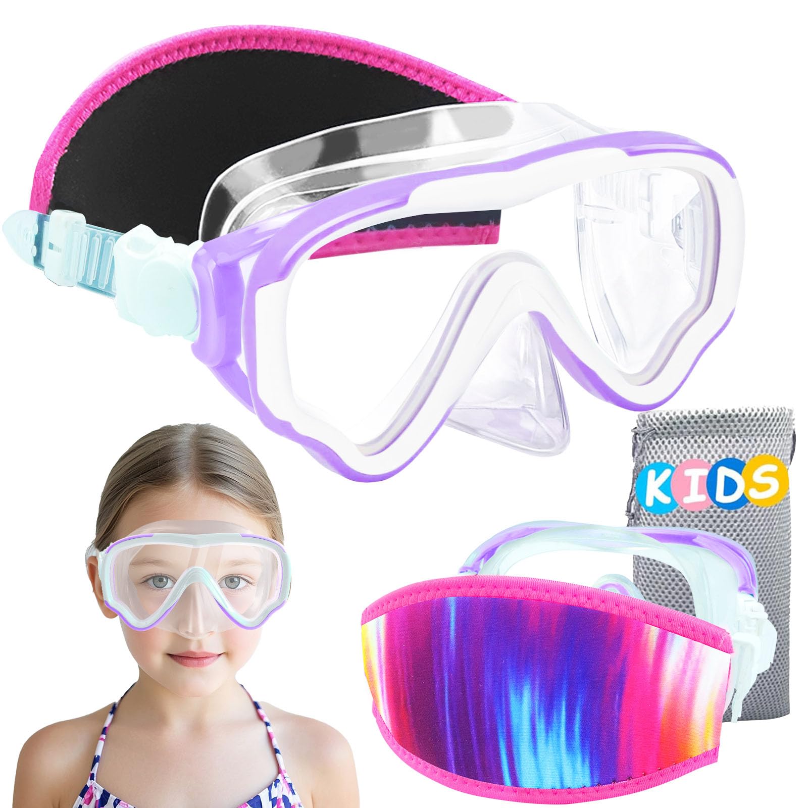 Vvinca Kids Swim Goggles with Nose Cover, Fabric Strap Swimming Goggles Snorkel Diving Mask No Leak Wide View Anti Fog Anti-UV A