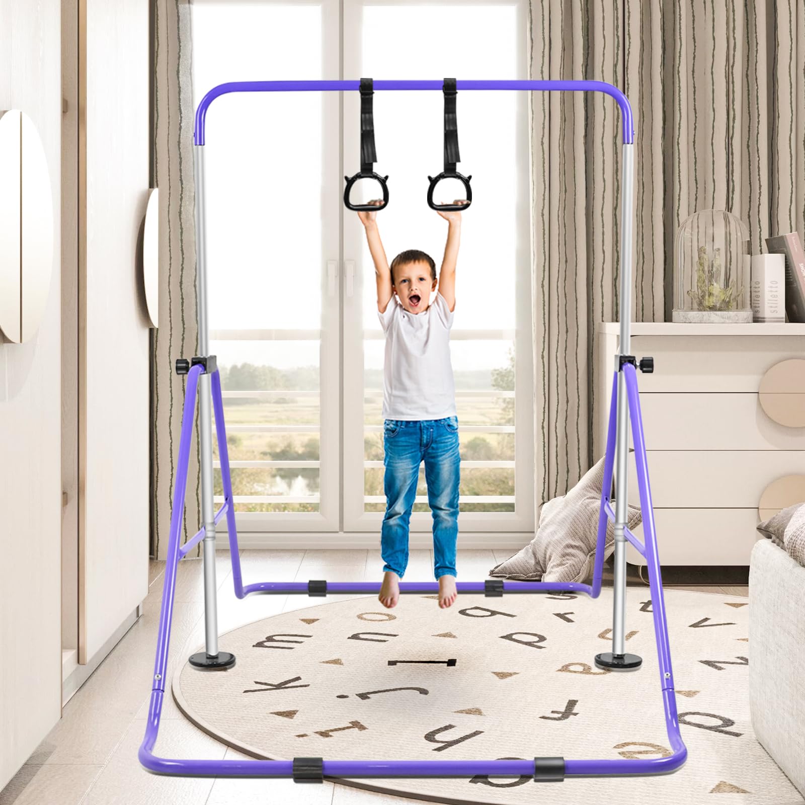Beeyeo Gymnastic Bars, Folding Horizontal Bars With Rings, Adjustable Height Junior Training Bar Gymnastics Equipment For Home
