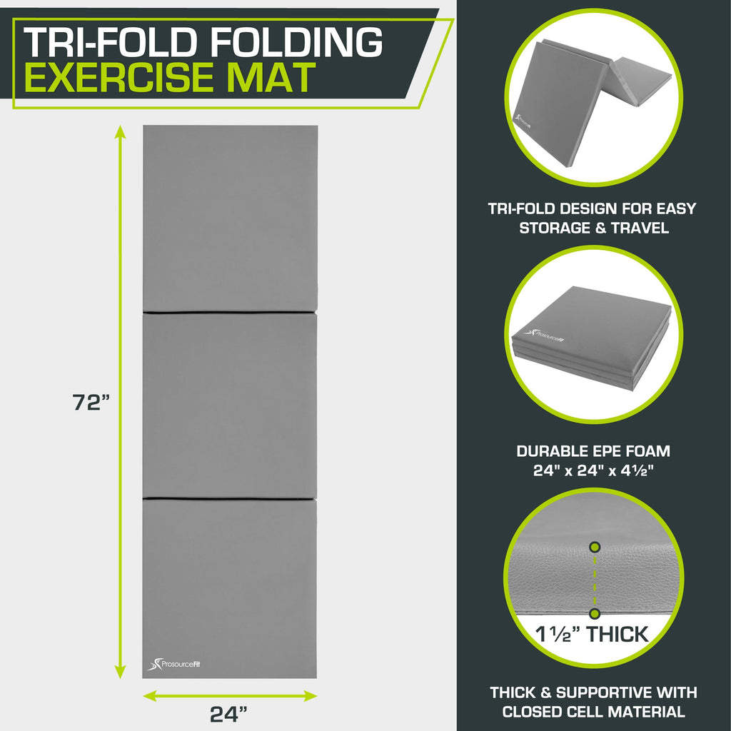 Prosourcefit Tri-Fold Folding Thick Exercise Mat 6Ax2A With Carrying Handles For Mma, Gymnastics Core Workouts, Grey
