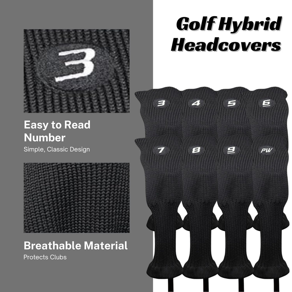 Majek All Hybrid Head Cover Golf Club Black Sleek Tight Fit Headcover Set 3-Pw Acrylic Head Covers 3 4 5 6 7 8 9 Pw Easy To See