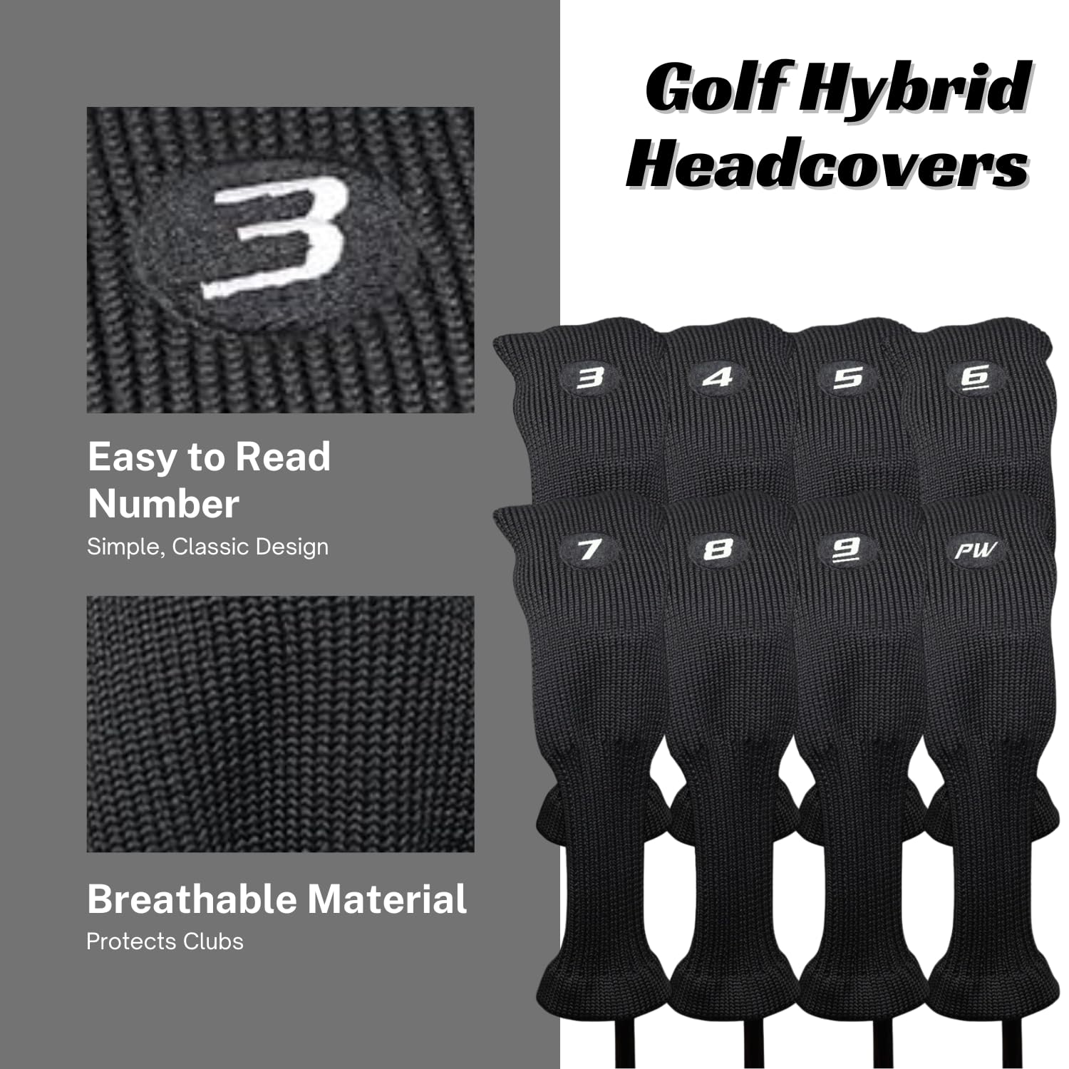 Majek All Hybrid Head Cover Golf Club Black Sleek Tight Fit Headcover Set 3-Pw Acrylic Head Covers 3 4 5 6 7 8 9 Pw Easy To See