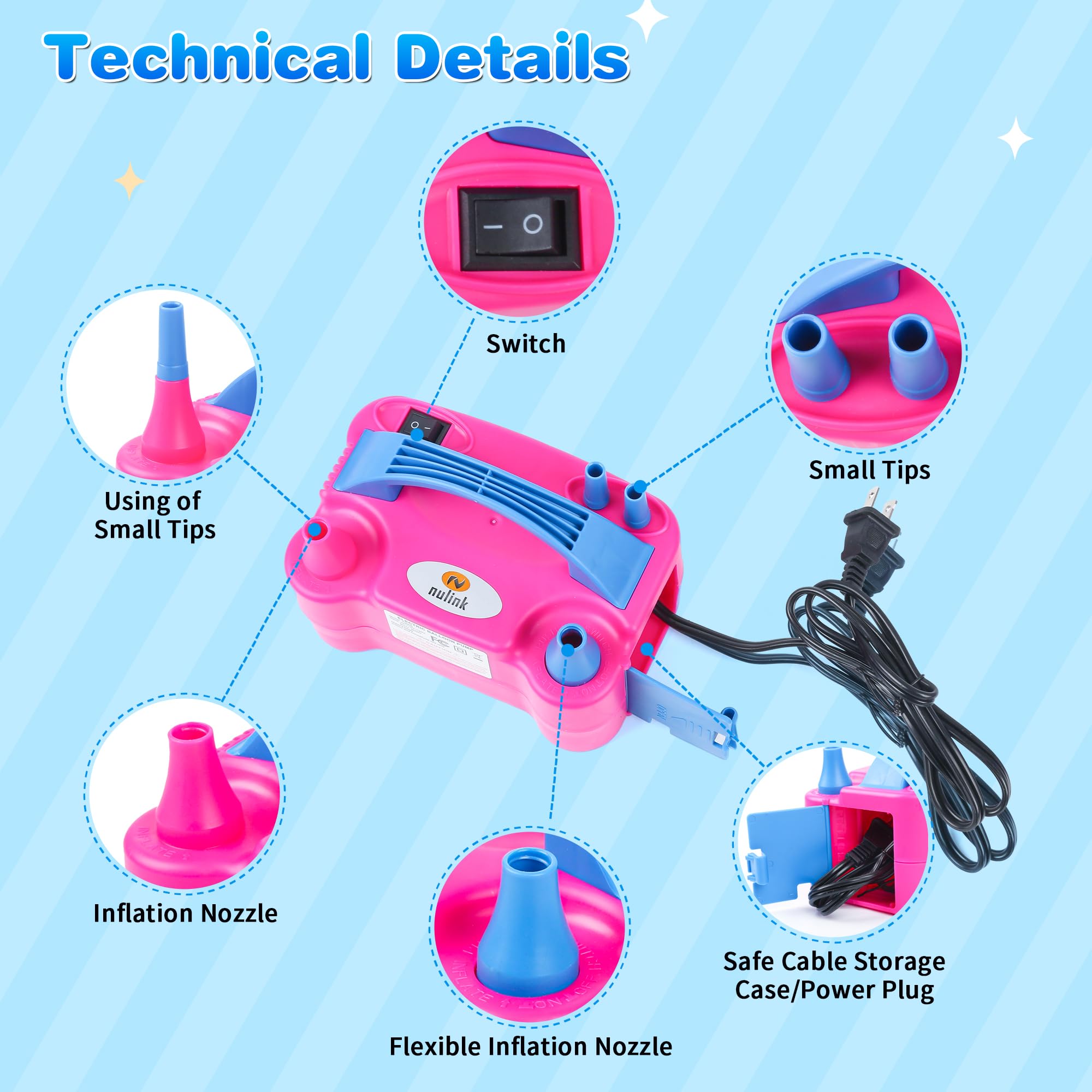Nulink Electric Portable Dual Nozzle Balloon Blower Pump Inflation For Decoration, Party [110V~120V, 600W, Rose Red]