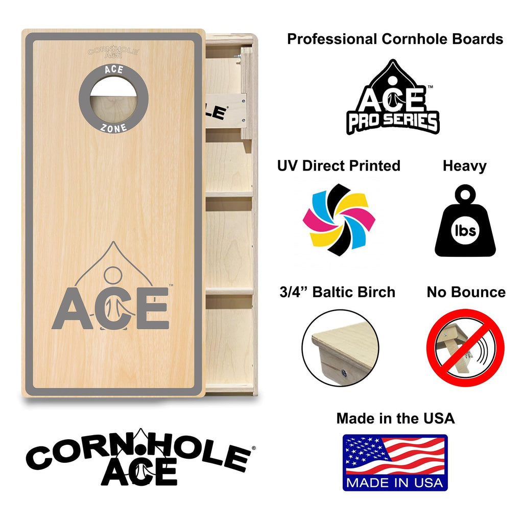 Ace Zone - Silver - Pro Cornhole Boards | No Bounce | Triple Wide Legs, 3/4 Inch Baltic Birch Plywood, Handles, Regulation Size,