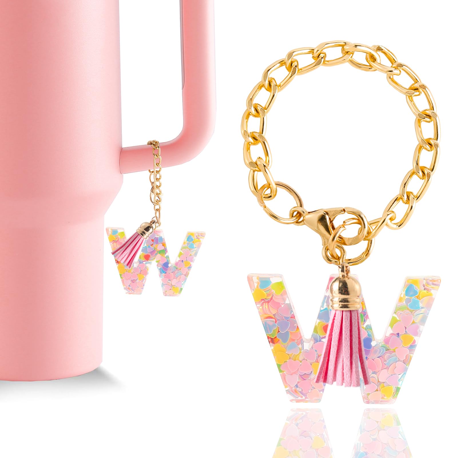 Letter Charm Accessories for Stanley Cup 1 PCS Cute Initial Keychain Handle Charm for Stanley Tumbler for Women Pink Letter W