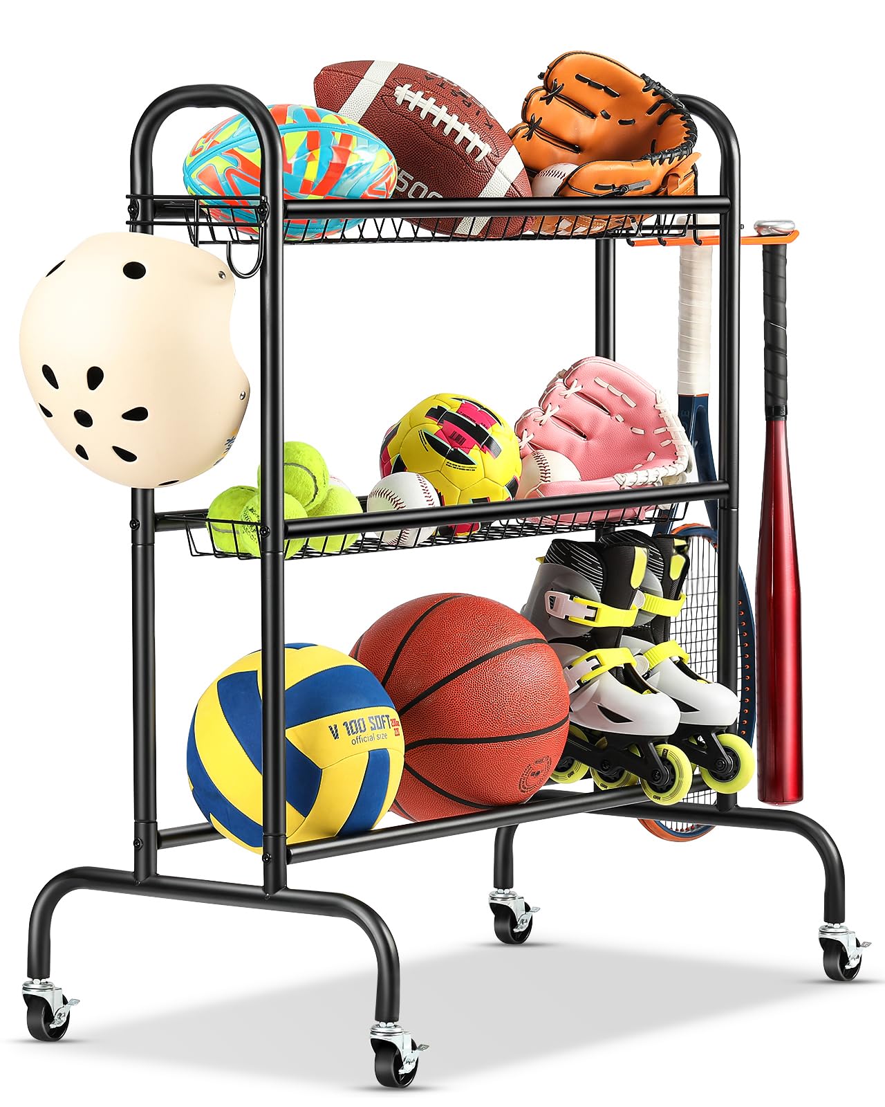 EXTCCT Basketball Racks for Balls, 3-Layer Small Ball Rack Ball Storage For Garage, Outdoor Rolling Ball Cart with Wheels, Two B