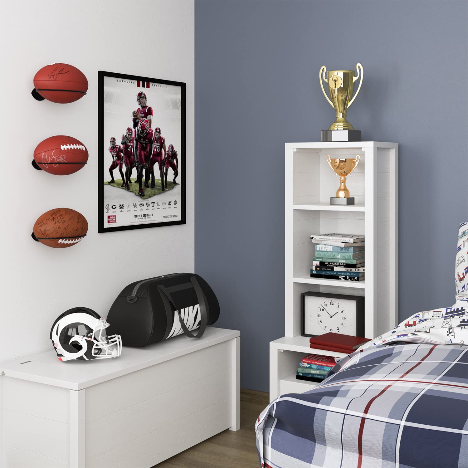Wallniture Sporta Wall Mount Football Rack, Ball Holder Organization And Storage Rack, Sports Room Decor, Steel, Black