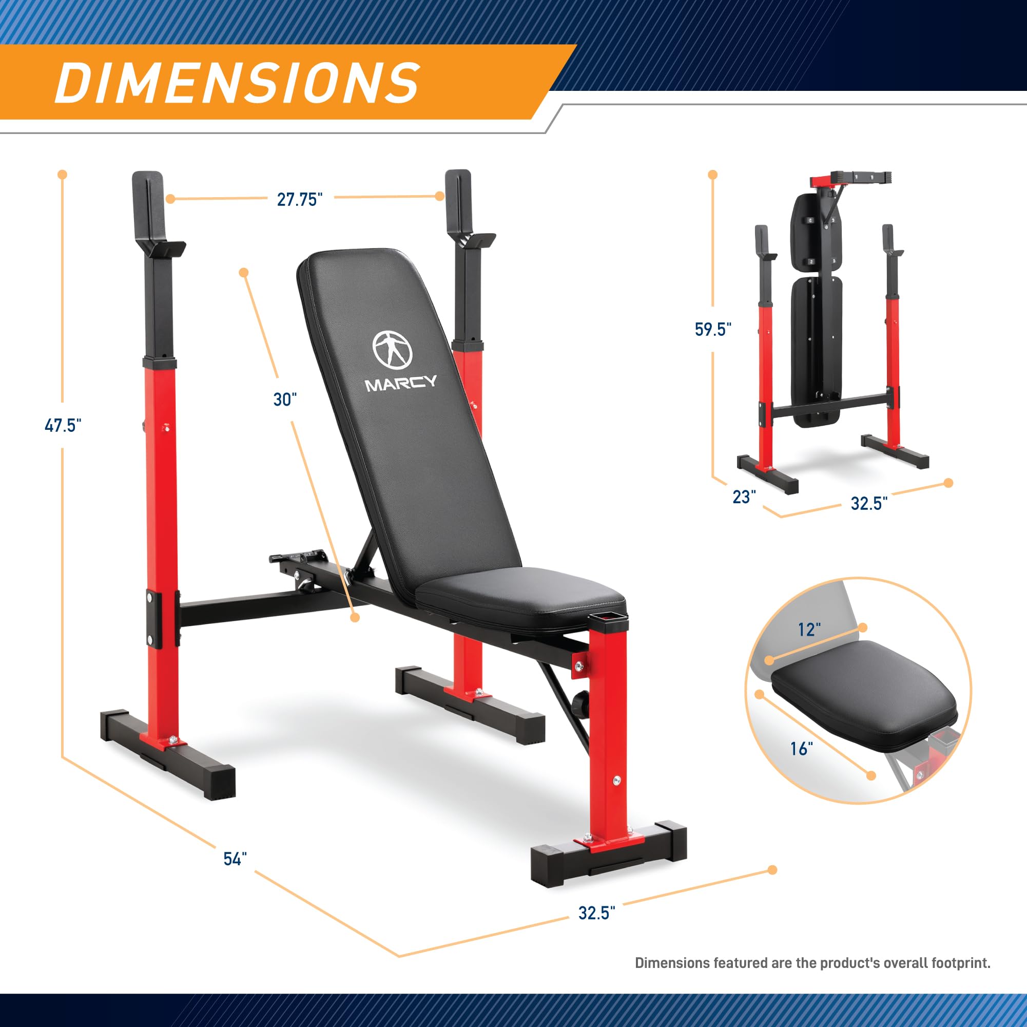 Marcy Foldable Deluxe Standard Weight Bench with Adjustable Back and Bar Catch, Personal Home Gym for Strength Training, Weightl