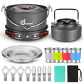 Odoland 22Pcs Camping Cookware Mess Kit, Large Size Hanging Pot Pan Kettle With Base Cook Set For 4, Cups Dishes Forks Spoons Ki
