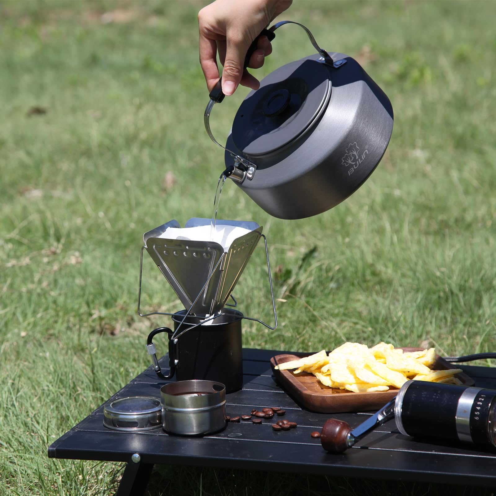 Bulin Camping Kettle, 1.6L Large Portable Stovetop Tea Kettle Fast Heating Boiling Hot Water For Open Fire Lightweight Coffee Po