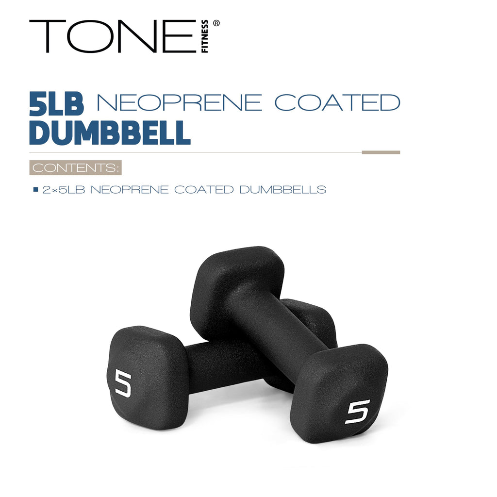 Tone Fitness 5 lb Neoprene Dumbbell Pair for Home Workouts - Non-Slip Design - Black