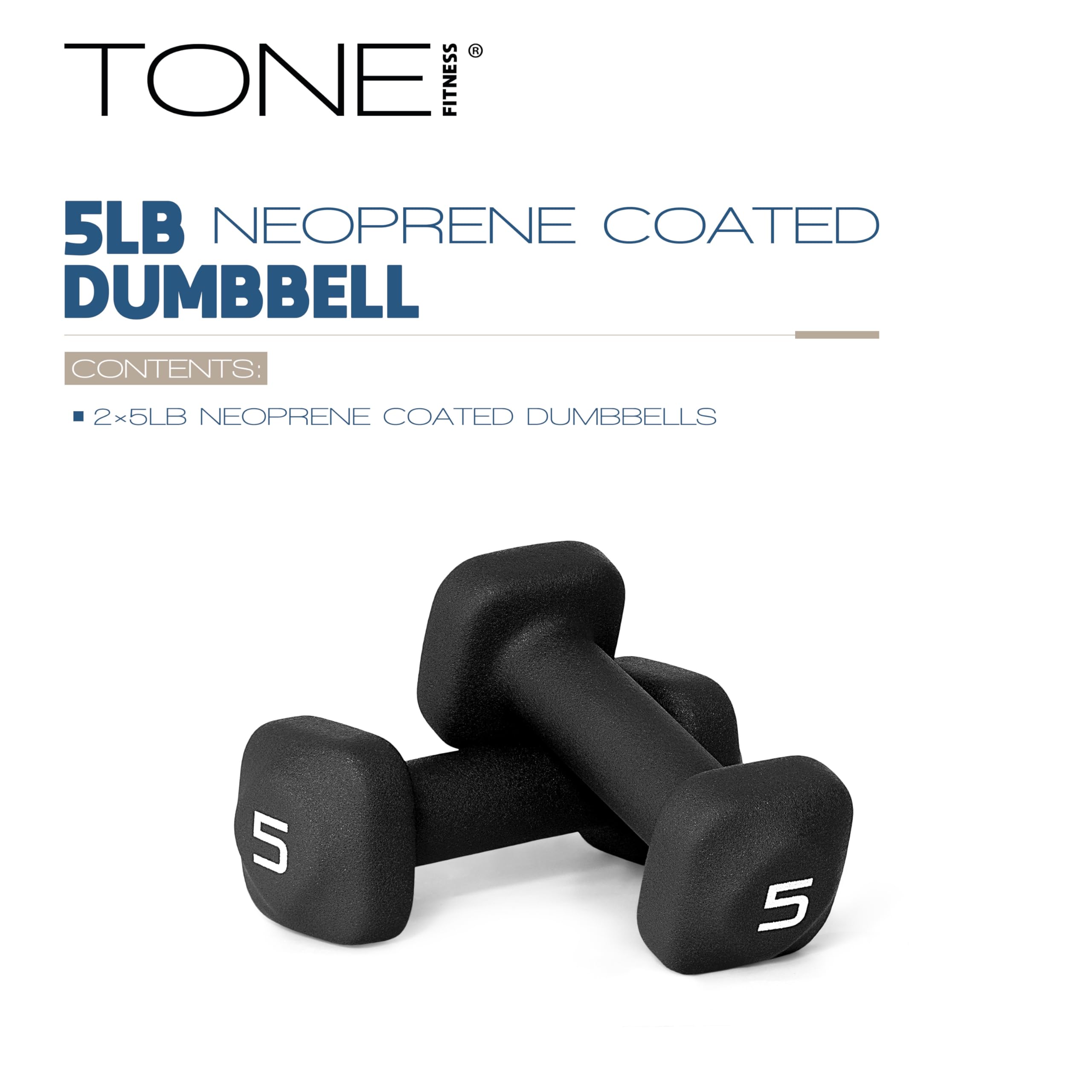 Tone Fitness 5 lb Neoprene Dumbbell Pair for Home Workouts - Non-Slip Design - Black