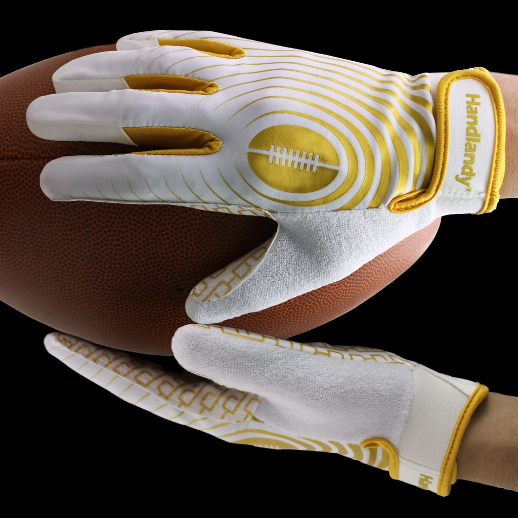 HANDLANDY Kids Football Gloves, Sticky Wide Receiver Gloves for Youth, White and Gold Stretch Fit Football Glove (White and Gold