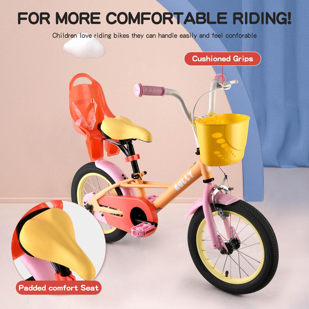 Rully Toddler Bike For 2 3 4 Years Children, 12 Inch Cycle With Training Wheels, Doll Seat, Basket, Handbrake For Girls & Boys,