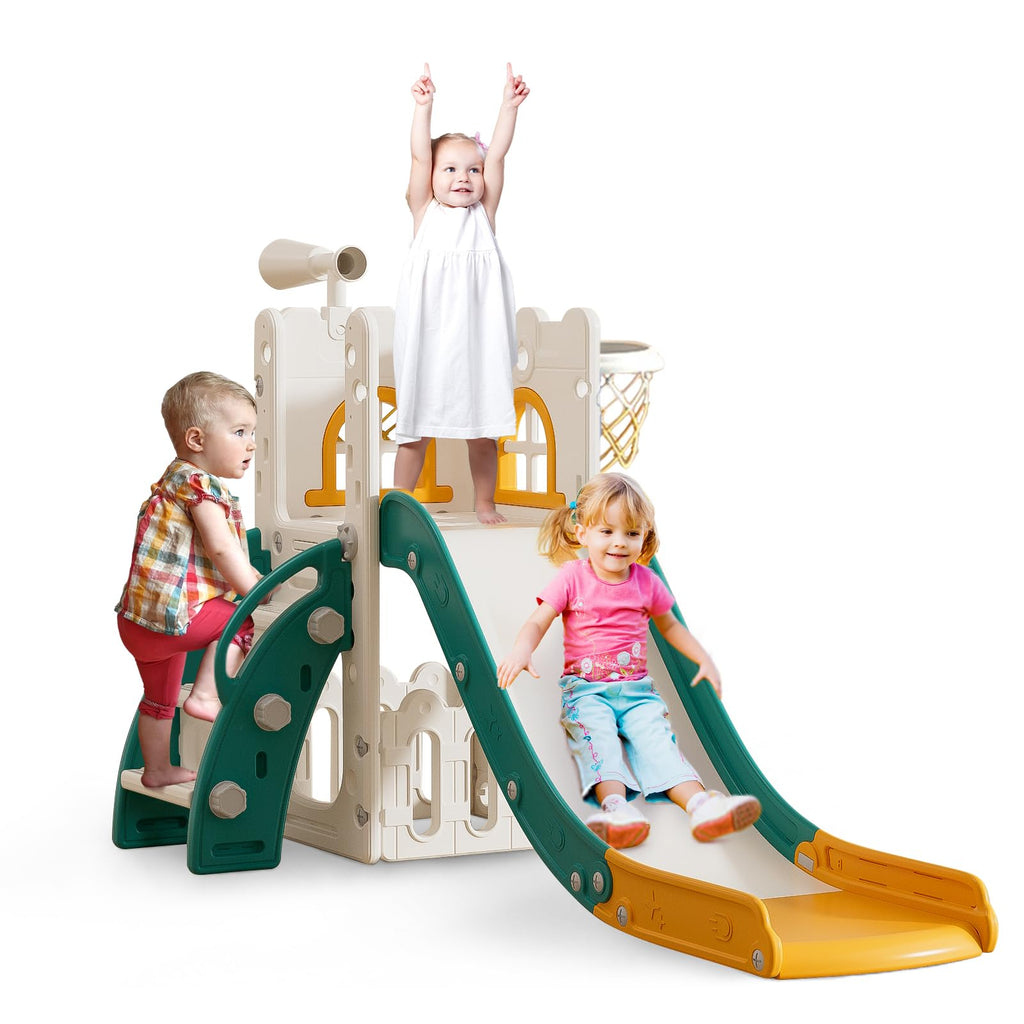 LulliSpace 6 in 1 Toddler Slide,Kids Playset for Toddlers Indoor Outdoor, Baby Slide with Basketball Hoop, Telescope & Storage S