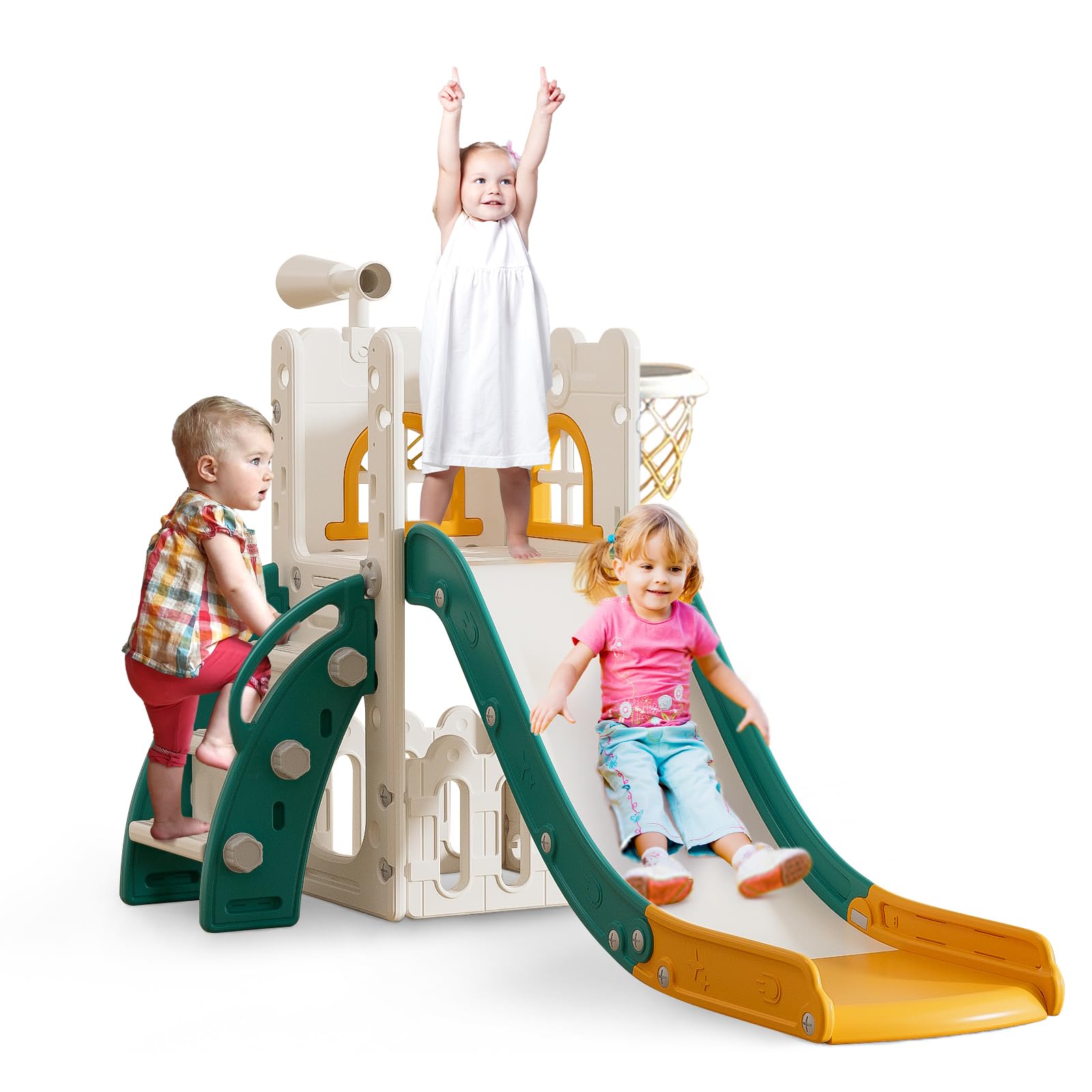 LulliSpace 6 in 1 Toddler Slide,Kids Playset for Toddlers Indoor Outdoor, Baby Slide with Basketball Hoop, Telescope & Storage S