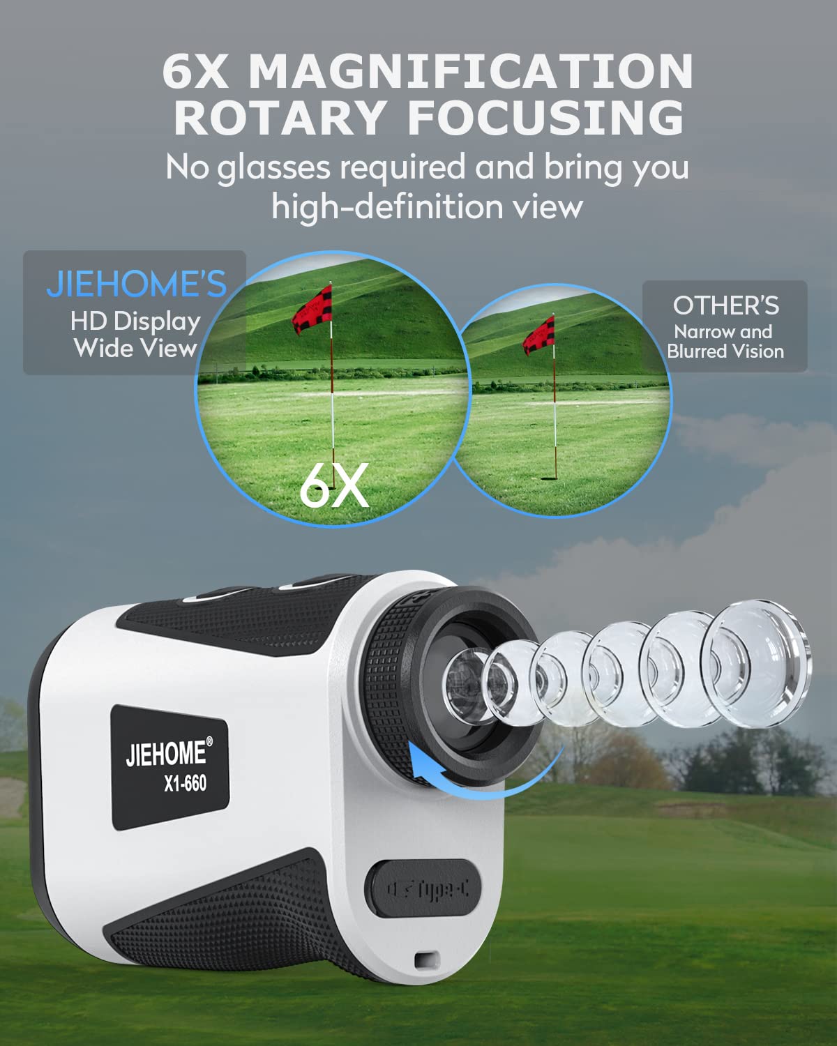 Jiehome Golf Range Finder X1 660 Yards Rangefinder With Slope Flagpole Lock Vibration 6X Magnification Rechargeable Laser Distan