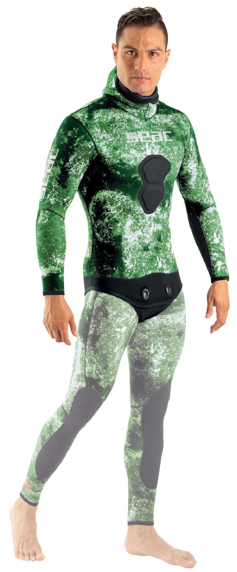 Seac Ghost, Jacket In 7 Mm Ultrastretch Neoprene With Incorporated Hood For Freediving And Spearfishing, Camo Green, Large