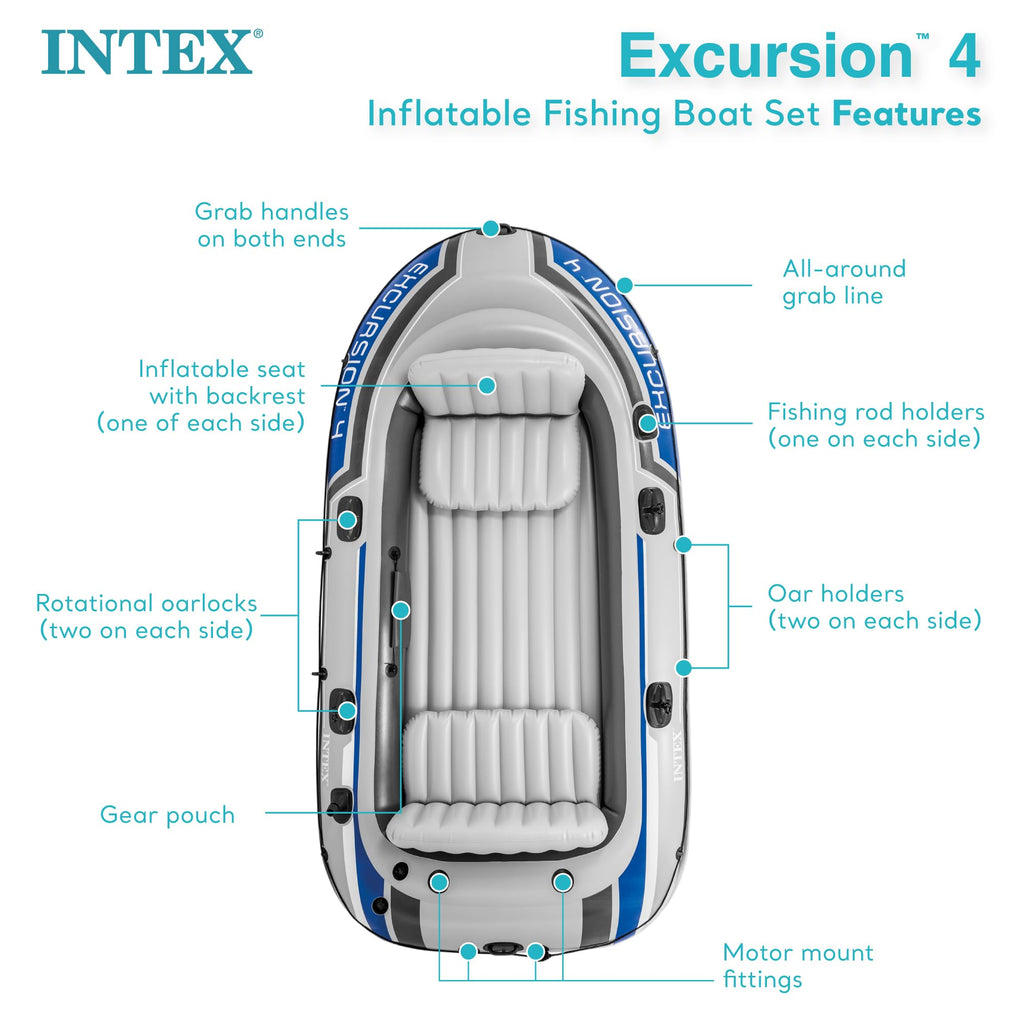 Intex 68324Ep Excursion 4 Inflatable Boat Set: Includes Deluxe 54In Aluminum Oars And High-Output Pump - Adjustable Seats With B