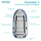 Intex 68324Ep Excursion 4 Inflatable Boat Set: Includes Deluxe 54In Aluminum Oars And High-Output Pump - Adjustable Seats With B