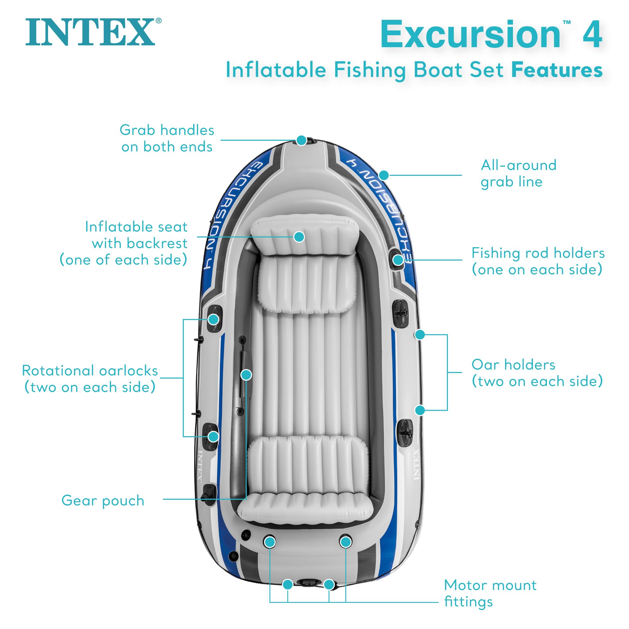 Intex 68324Ep Excursion 4 Inflatable Boat Set: Includes Deluxe 54In Aluminum Oars And High-Output Pump - Adjustable Seats With B