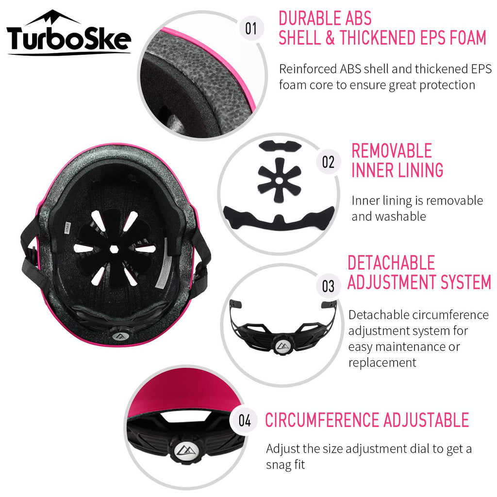 Turboske Skateboard Helmet, Bmx Helmet, Multi-Sport Helmet, Bike Helmet For Kids, Youth, Men, Women (Pink, S/M (20.5''-22.8''))