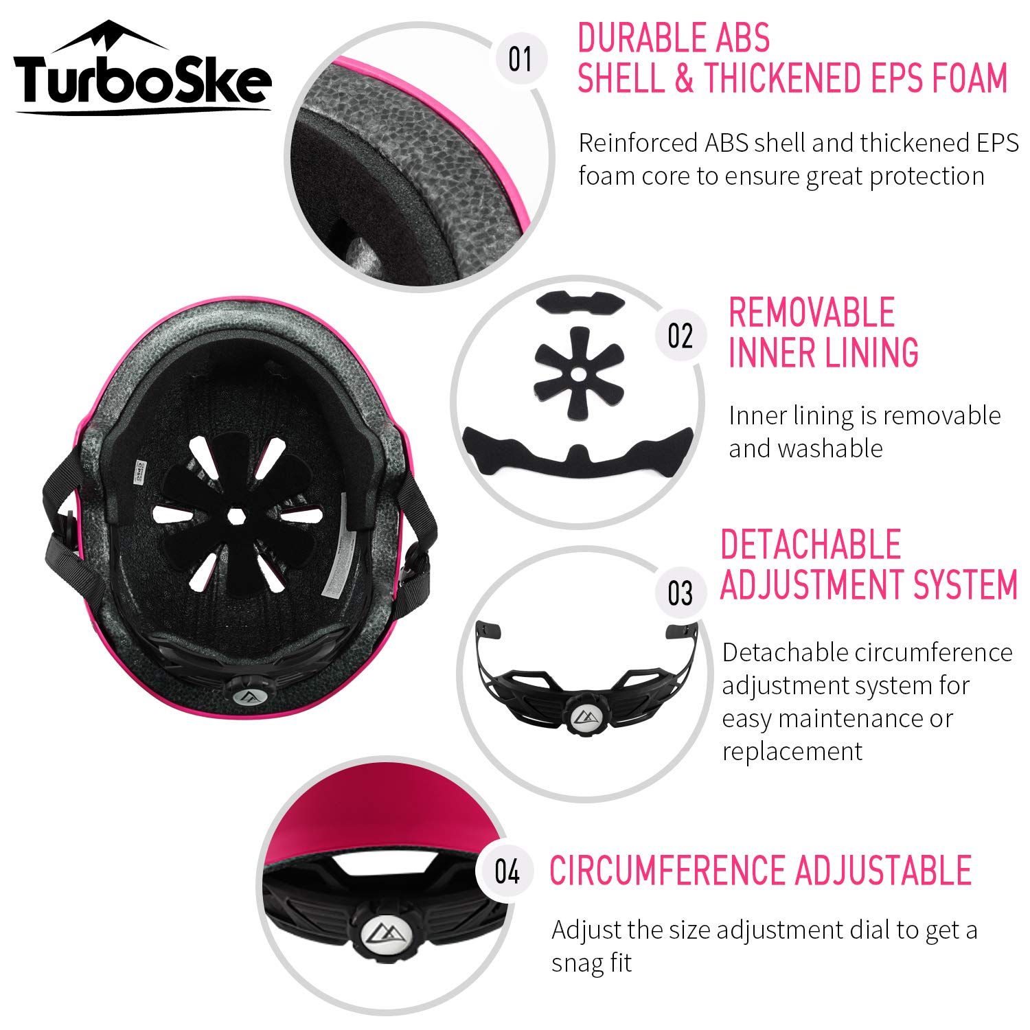 Turboske Skateboard Helmet, Bmx Helmet, Multi-Sport Helmet, Bike Helmet For Kids, Youth, Men, Women (Pink, S/M (20.5''-22.8''))