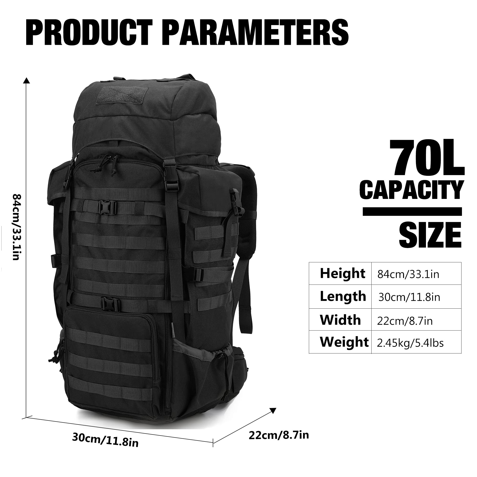 Mardingtop 70L Hiking Internal Frame Backpacks With Rain Cover Black