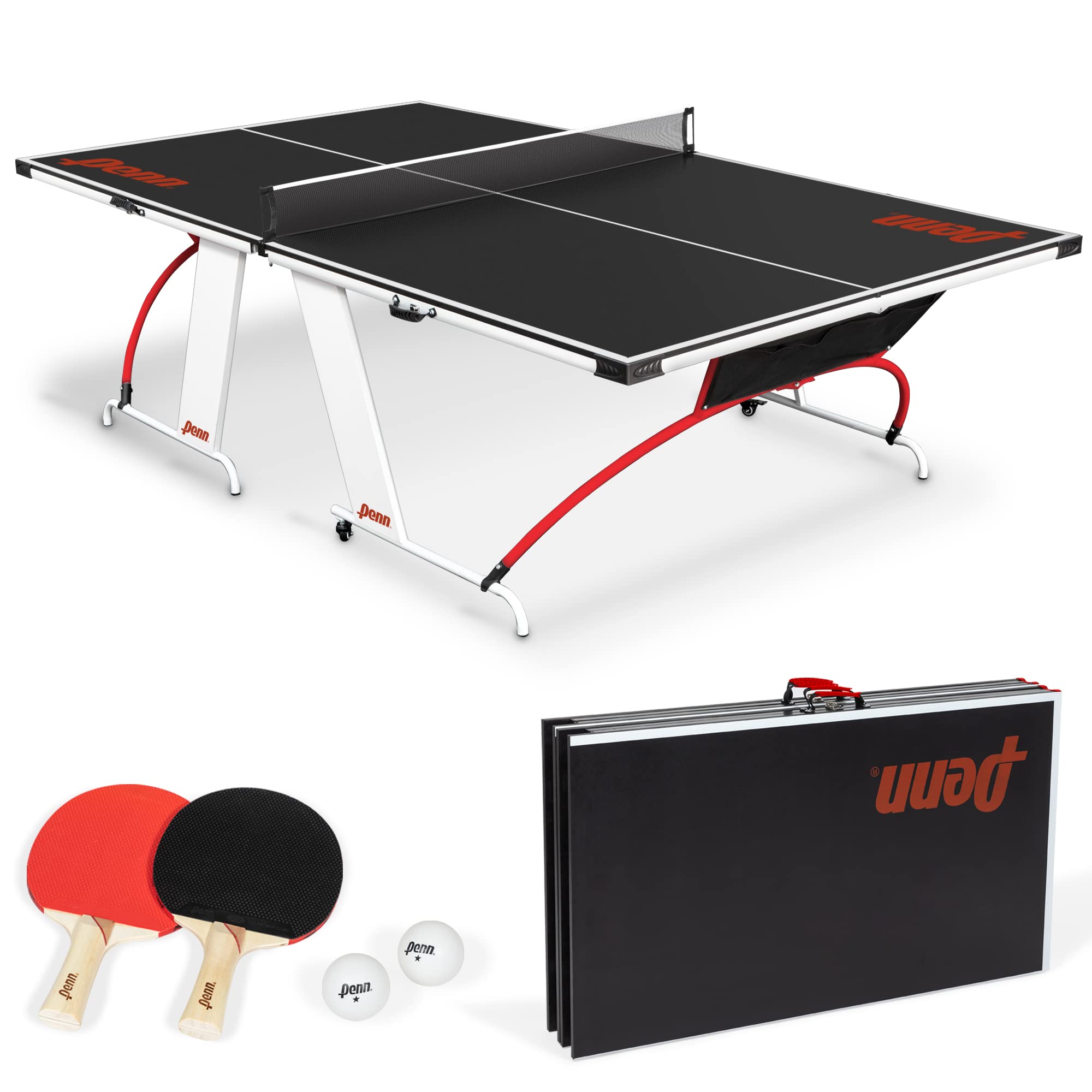 Penn Full-Size Ping Pong Table - Engineered Wood, Black/White/Red - Foldable Design for Portable Ping Pong Play - 15mm Laminated