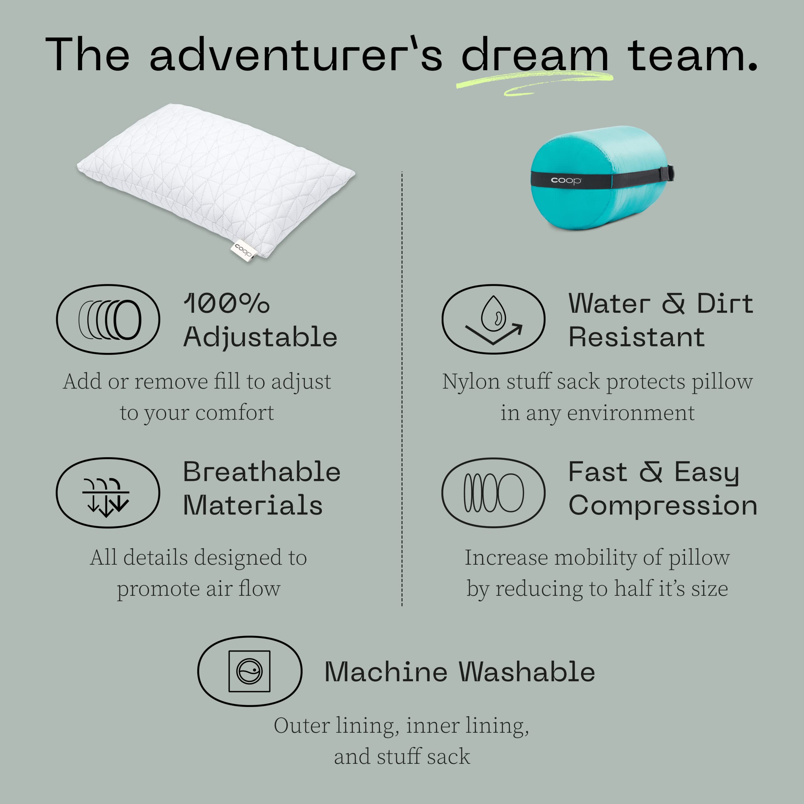 Coop Home Goods Original Adjustable Travel Pillow And Waterproof Pillow Protector Grey Bundle With Compressible Stuff Sack, Medi