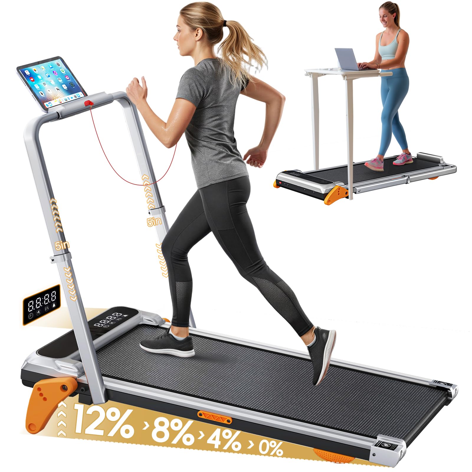 Walking Pad with 12% Incline and Handle Bar, 4 in 1 Portable Treadmill with Adjustable Height