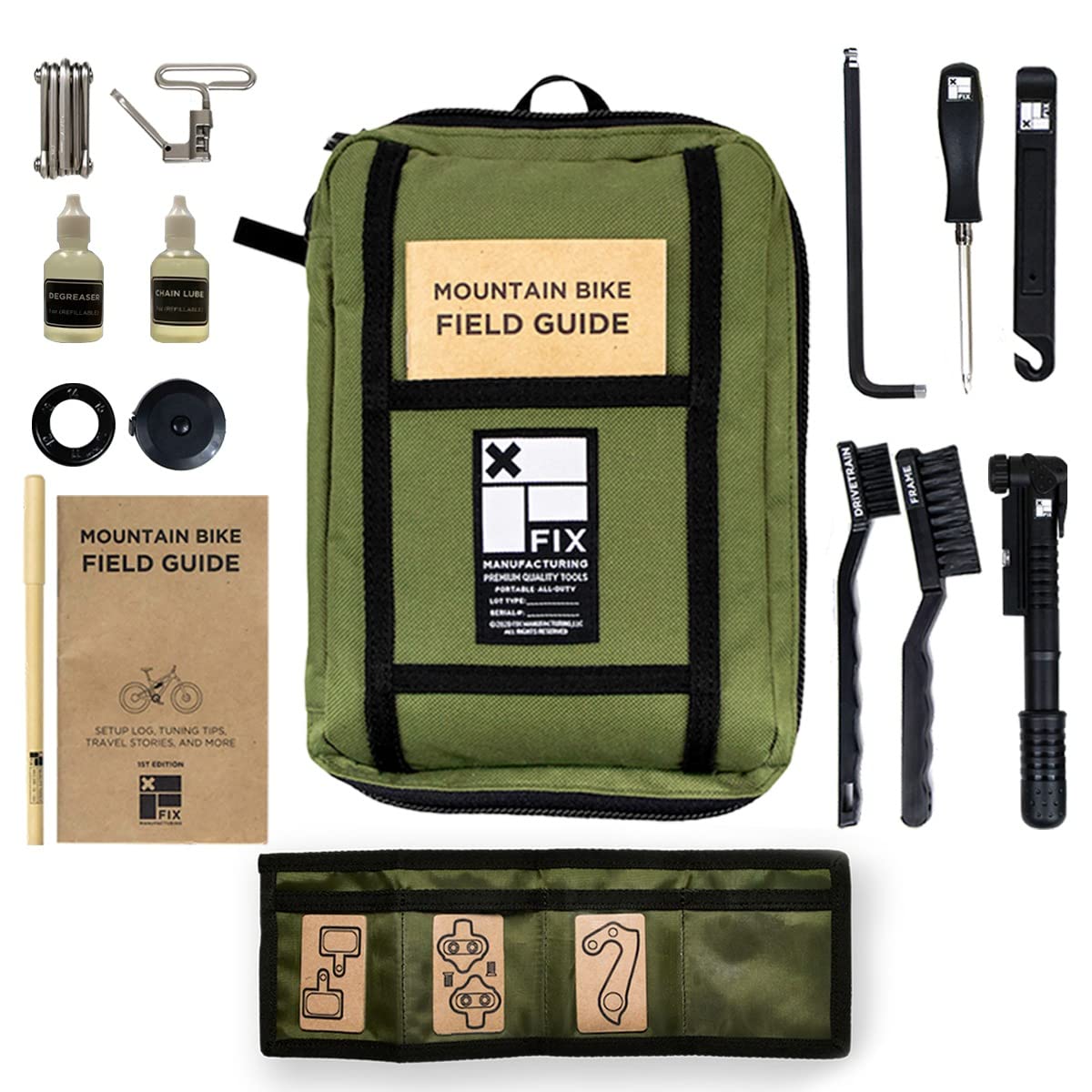 Fix Manufacturing Mountain Bike Repair Kit Portable | Featuring 16 Essential Tools | MTB Chain Breaker, Refillable Lube, Degreas