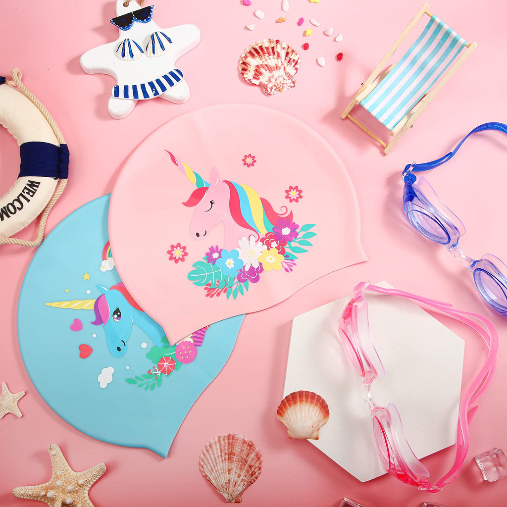 4 Pieces Swim Cap Kids Unicorn Silicone Waterproof Age 2-12 Cute Swim Caps With Goggles For Long And Short Hair Kids Children Bo