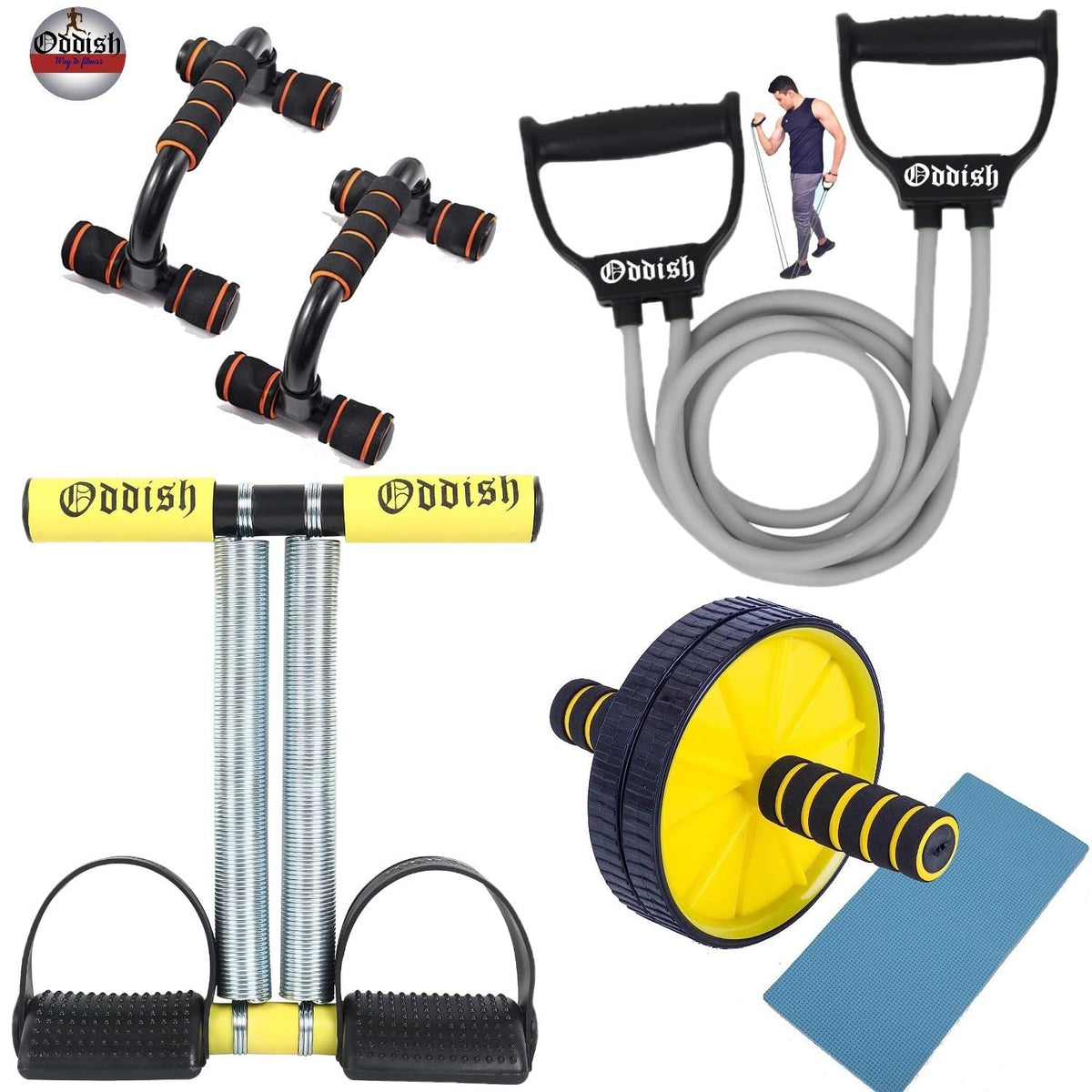 ODDISH; way to fitness Tummy Trimmer with Resistance Tube and and ab exerciser and push up stand combo Pack for man and women (E