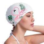 Copozz Swim Cap For Women, Silicone Waterproof Comfy Swimming Bathing Cap For Long Hair With Flamingo Printed