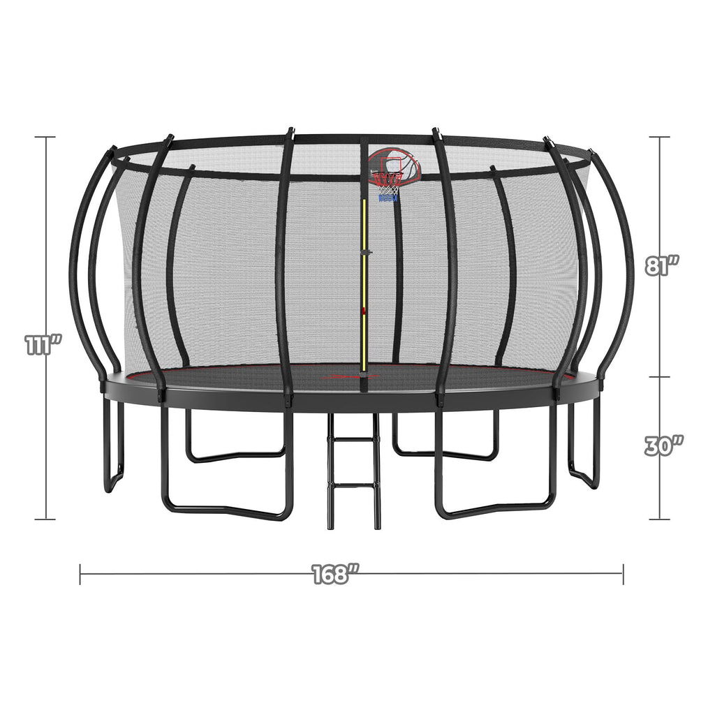 Lyromix 14FT Trampoline Outdoor with Basketball Hoop, Trampoline with Lights for Kids and Adults, Recreational Trampolin with Sp