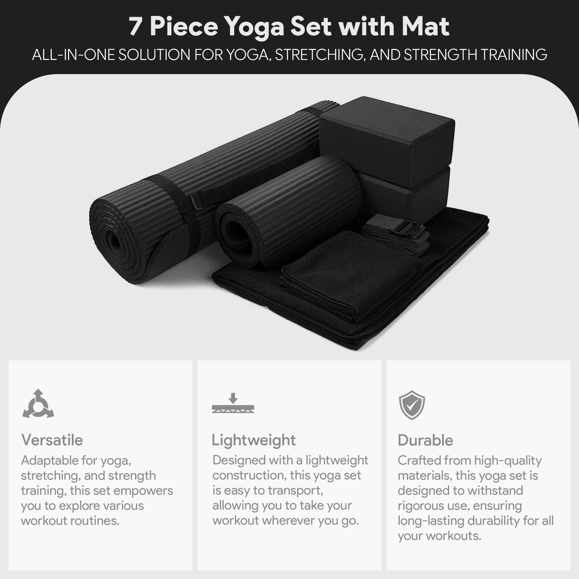 Balancefrom Goyoga 7-Piece Set - Include Yoga Mat With Carrying Strap, 2 Yoga Blocks, Yoga Mat Towel, Yoga Hand Towel, Yoga Stra