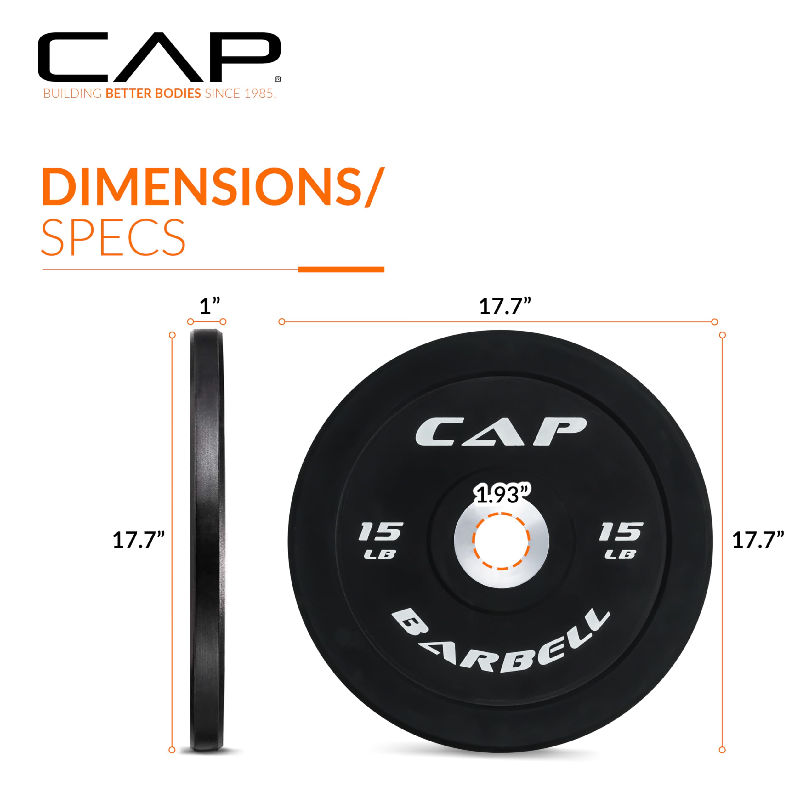 Cap Barbell Best Olympic Bumper Plate Set, Black With White Logo, 15 Lb Pair