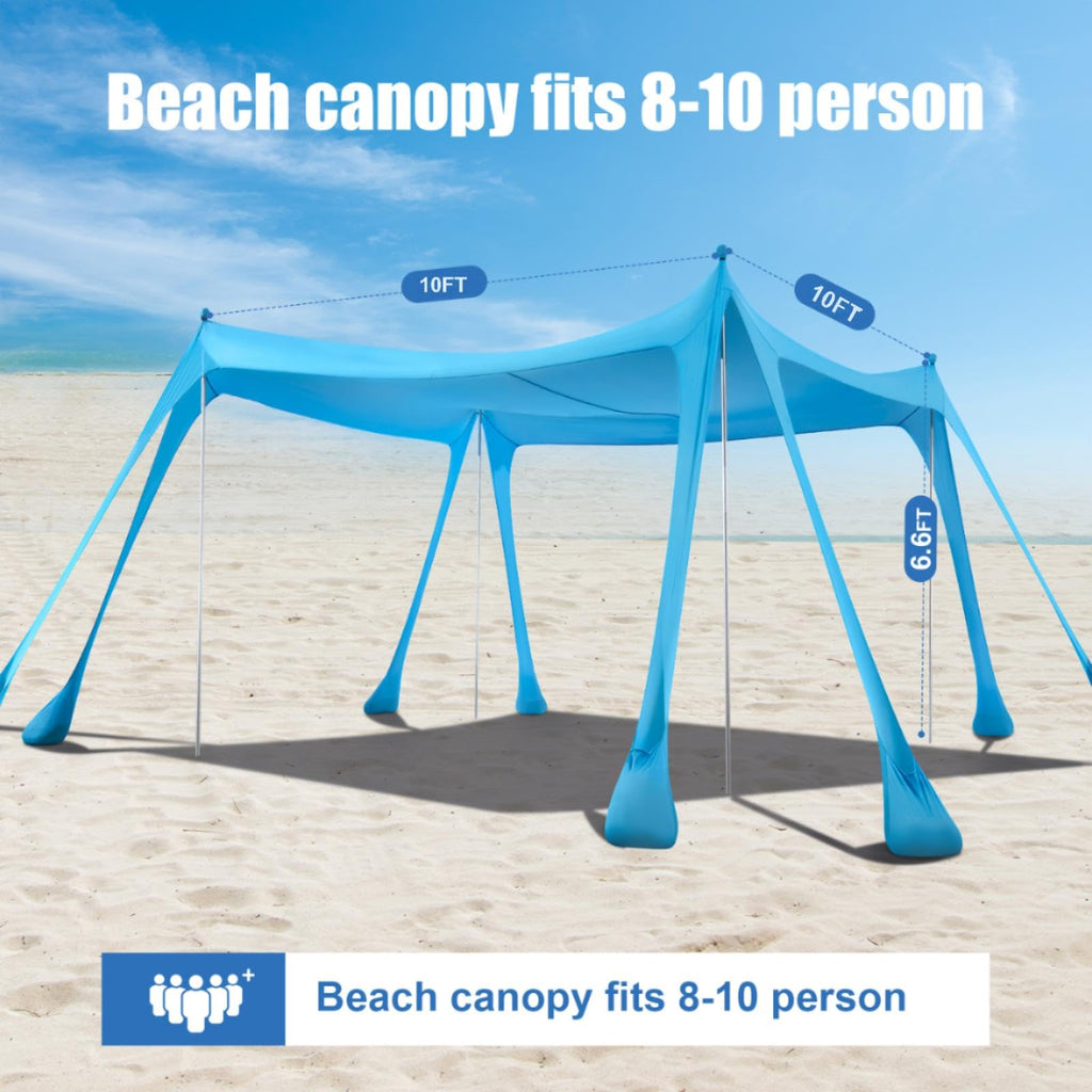 Beach Tent Sun Shelter, Beach Shade Canopy Upf50+, 10X10Ft Canopy Tent With 8 Sandbags, Sand Shovels, Ground Pegs & Stability Po