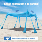 Beach Tent Sun Shelter, Beach Shade Canopy Upf50+, 10X10Ft Canopy Tent With 8 Sandbags, Sand Shovels, Ground Pegs & Stability Po