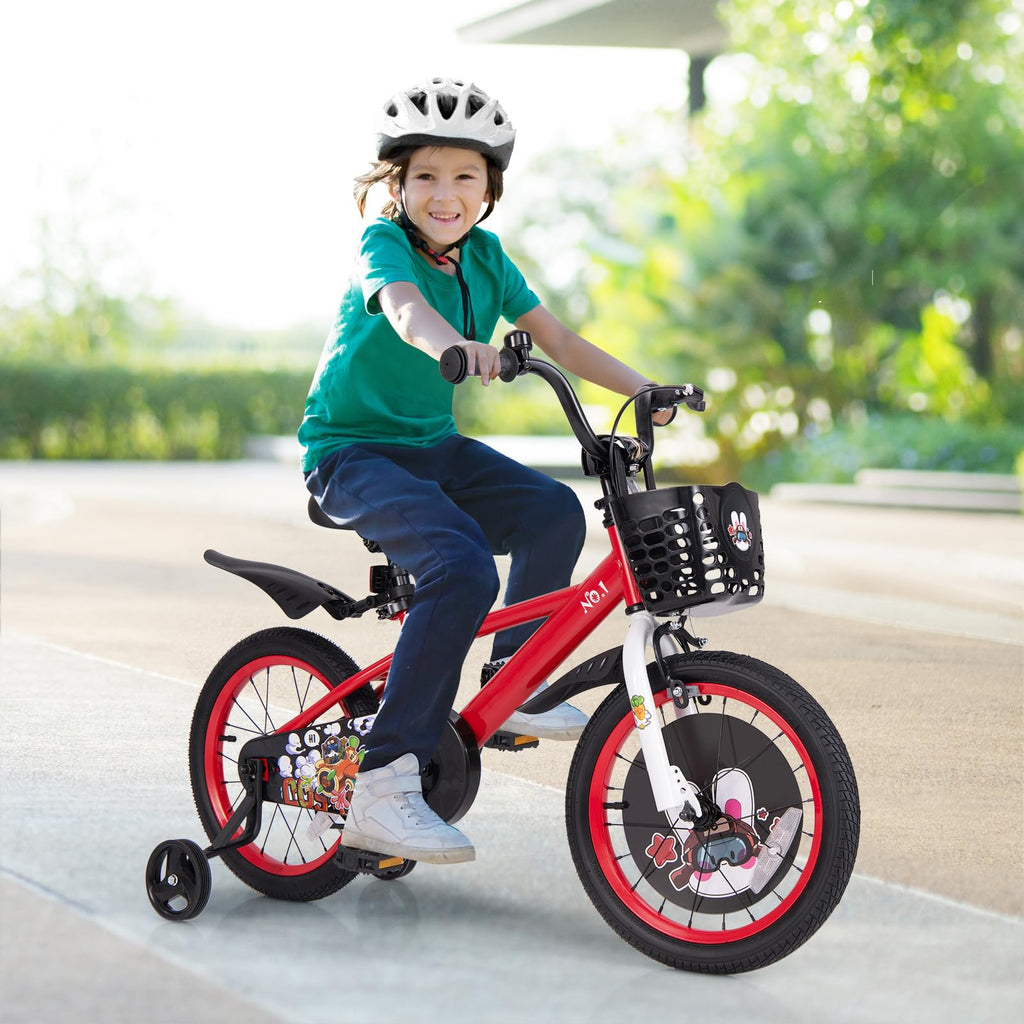 BABY JOY Kids Bike, 16 Inches Child Bike for 4-7 Years Old with Adjustable Height, Training Wheels, Storage Basket, Handbrake &