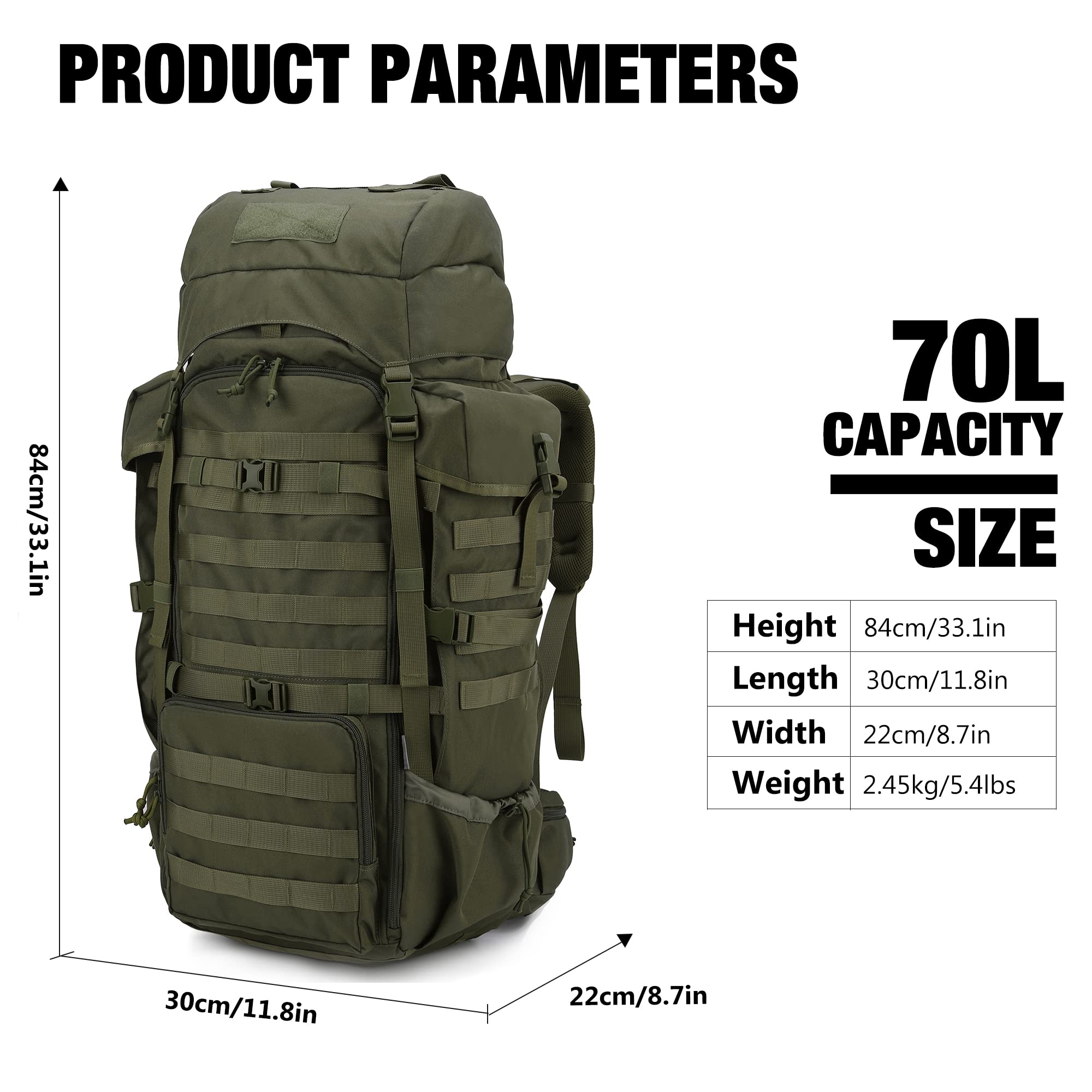 Mardingtop 70L Hiking Internal Frame Backpacks With Rain Cover Army Green