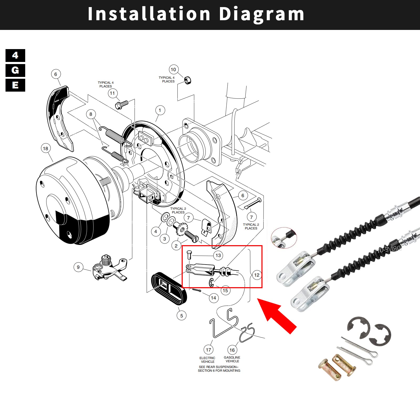 Drive-Up Club Car Ds Brake Cable Kit Stainless Steel Core 2000 & Up 102022101 Driver & Passenger Side Cables