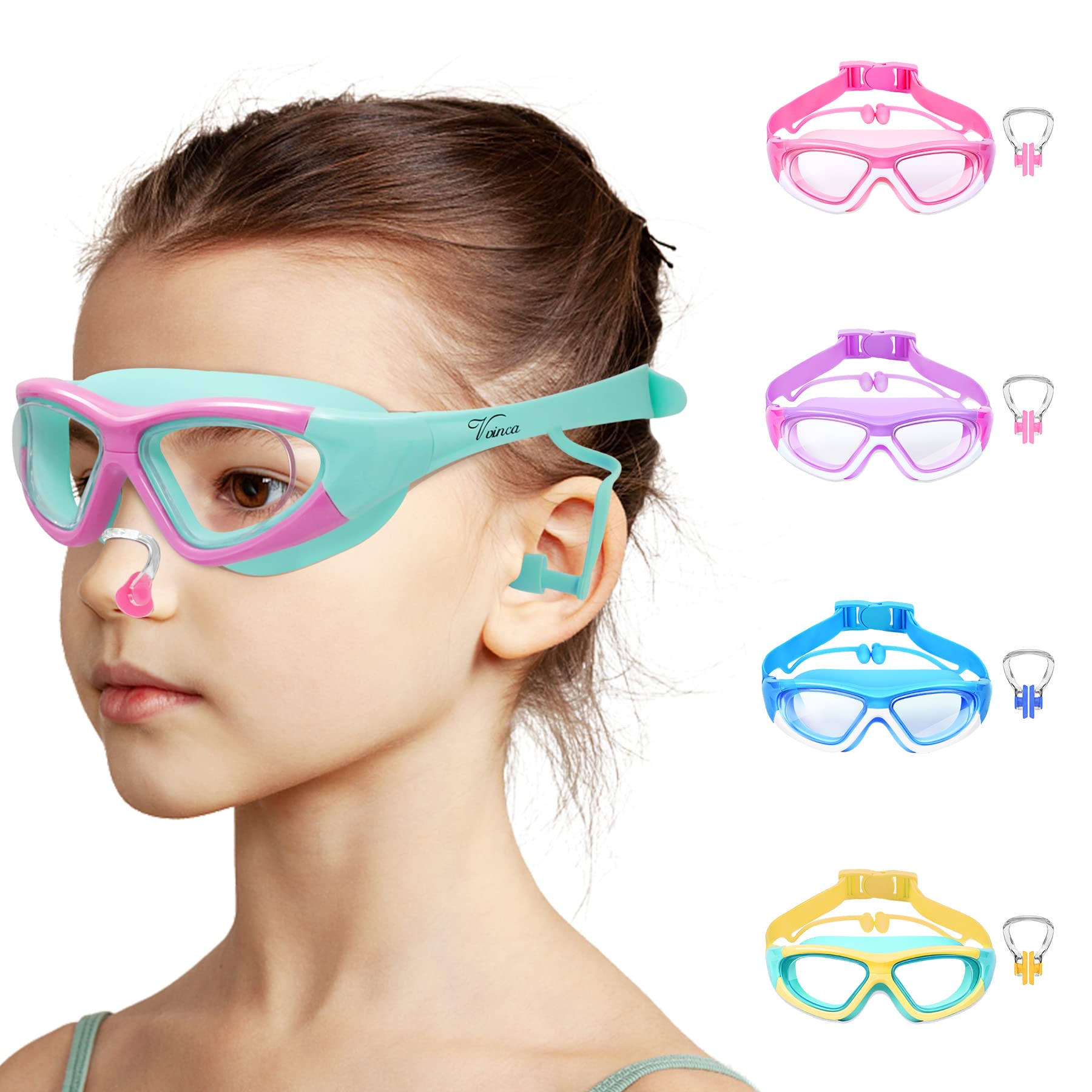 Vvinca Kids Swim Goggles, Wide View Anti-Fog Quick Adjustable Strap Swim Mask With Ear Clip Nose Clip For Children Swimming Less