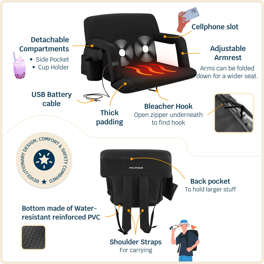 Alpcour Heating Massage Stadium Seat - Deluxe Reclining Bleacher Chair With Back & Arm Support - Built-In Heater And Massager -